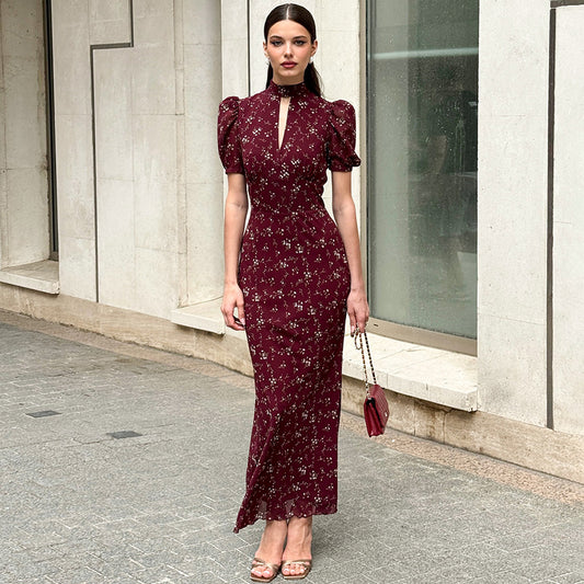 Women’s Deep V-Neck Floral Maxi Dress in Apricot