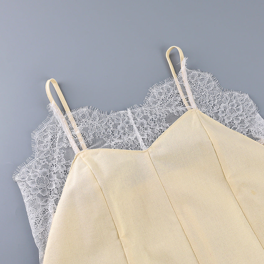 Women’s Khaki Lace-Trim Cotton Slip Dress