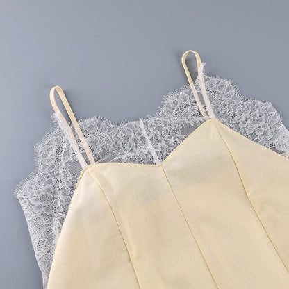 Women’s Khaki Lace-Trim Cotton Slip Dress