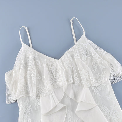 Women’s White Ruffle-Trim Slit Maxi Dress