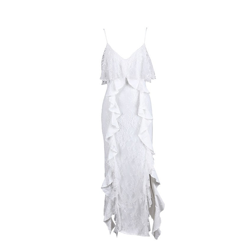 Women’s White Ruffle-Trim Slit Maxi Dress