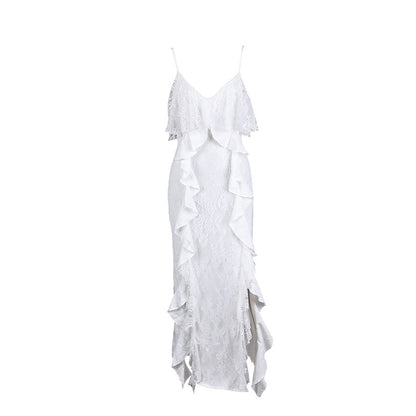 Women’s White Ruffle-Trim Slit Maxi Dress