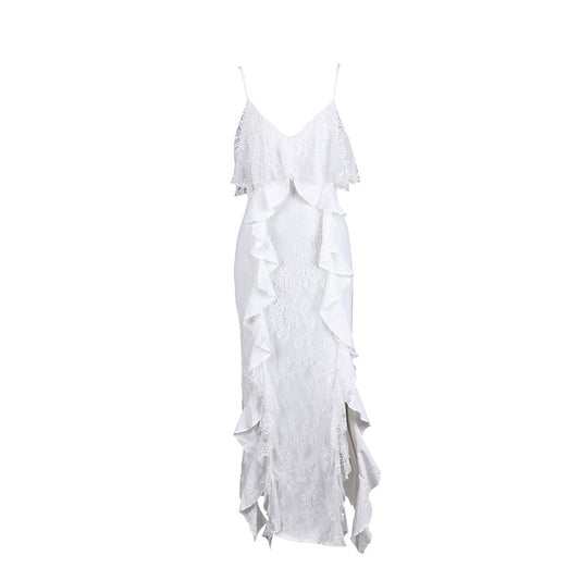 Women’s White Ruffle-Trim Slit Maxi Dress