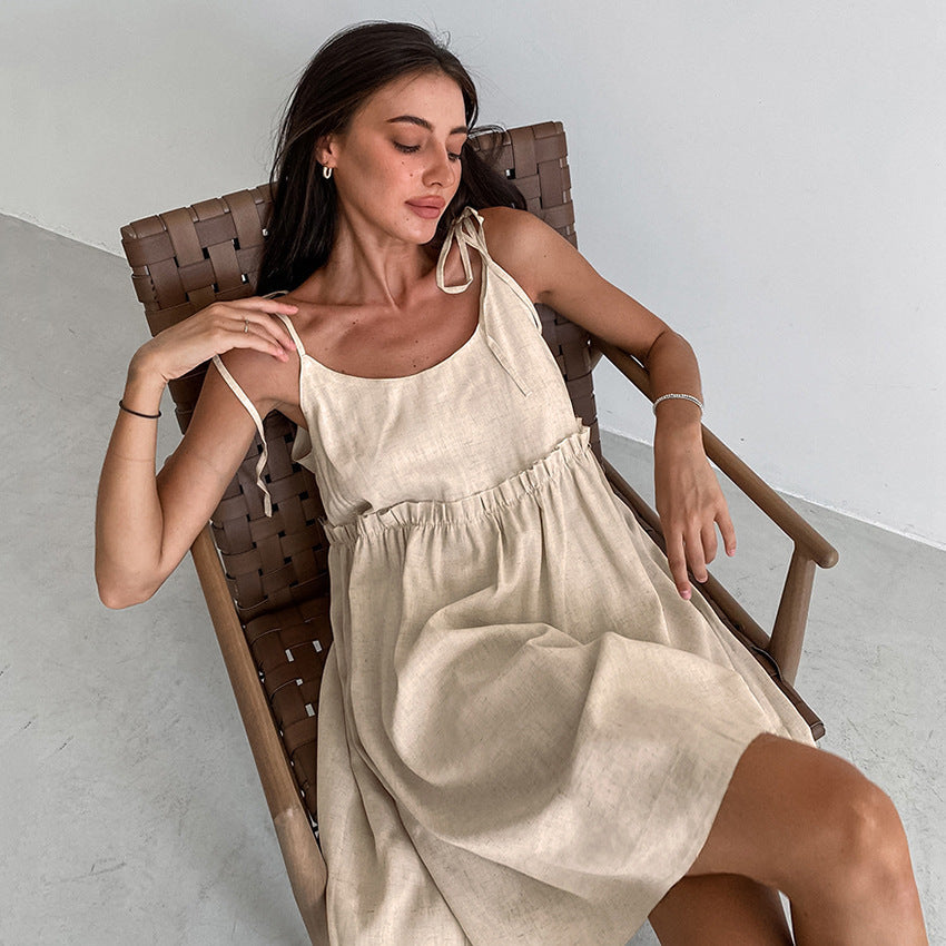 Women’s Cotton-Linen A-Line Strap Dress in Brown
